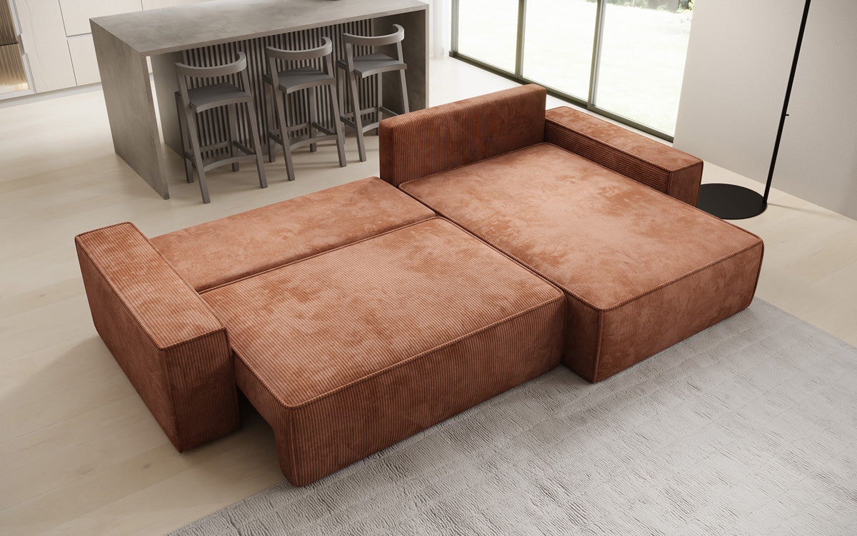 Designer corner sofa Lunaro with sleeping and fold-out function in Corduroy