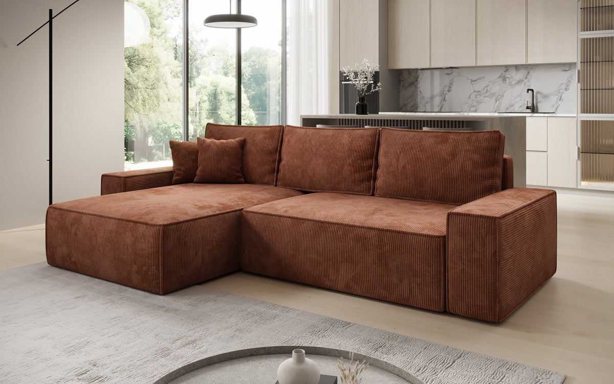Designer corner sofa Lunaro with sleeping and fold-out function in Corduroy