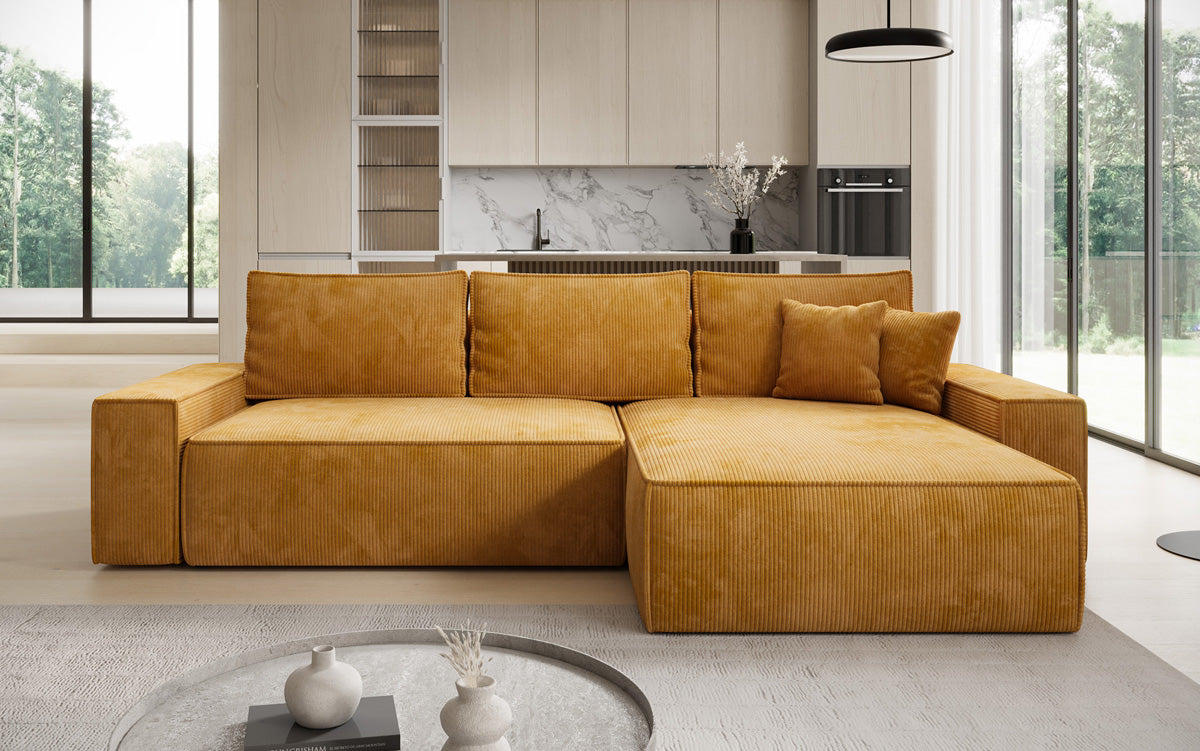 Designer corner sofa Lunaro with sleeping and fold-out function in Corduroy