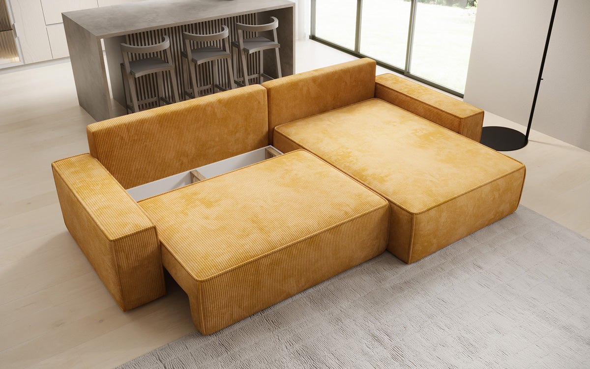 Designer corner sofa Lunaro with sleeping and fold-out function in Corduroy