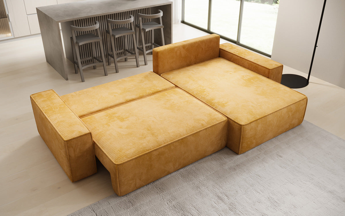 Designer corner sofa Lunaro with sleeping and fold-out function in Corduroy