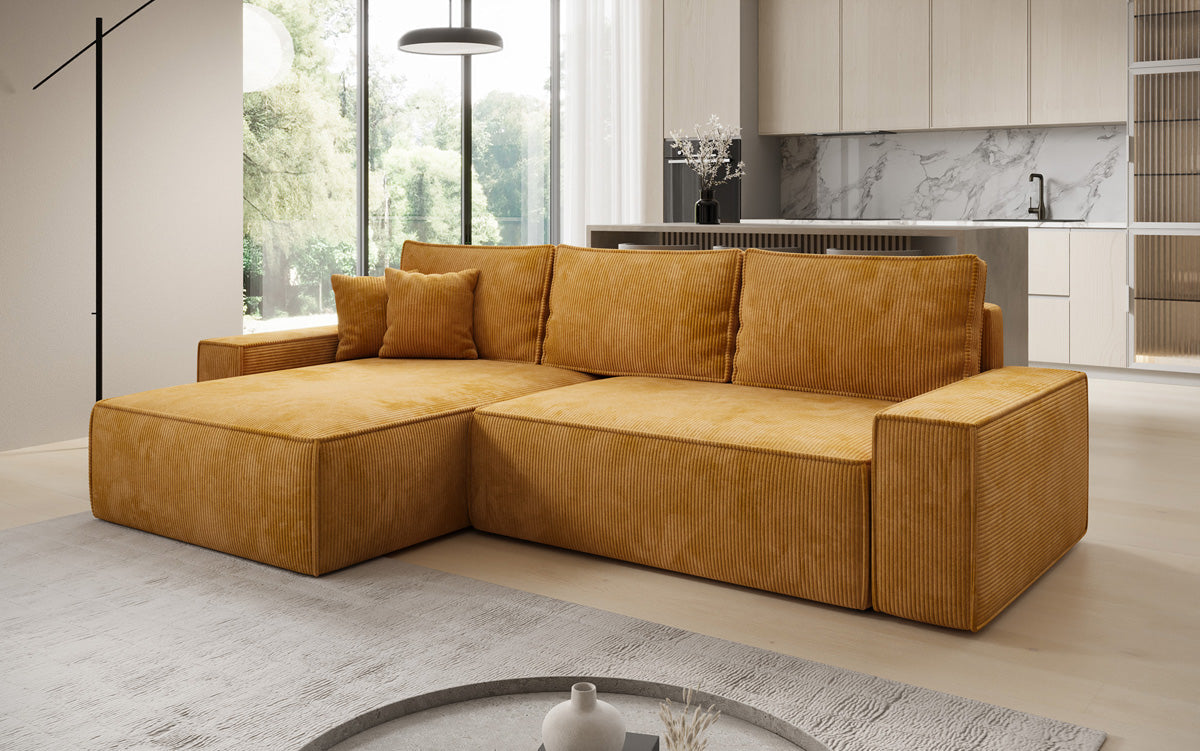 Designer corner sofa Lunaro with sleeping and fold-out function in Corduroy
