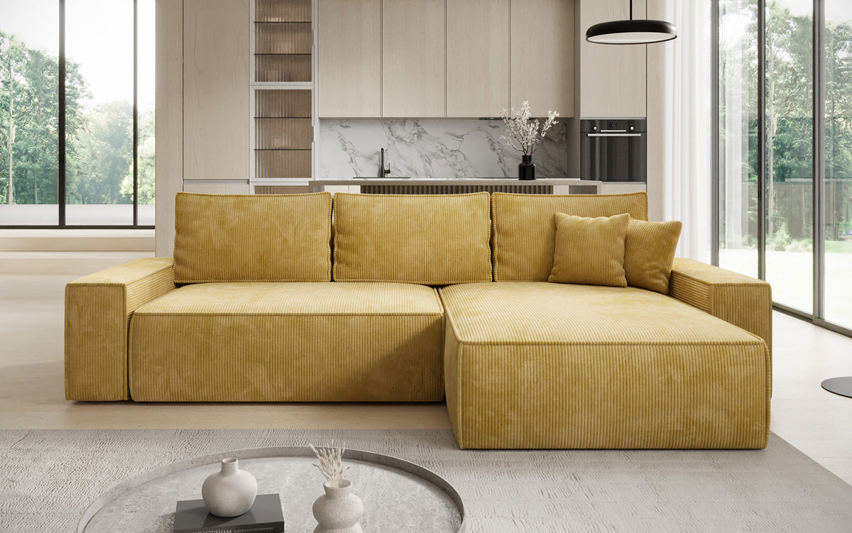 Designer corner sofa Lunaro with sleeping and fold-out function in Corduroy
