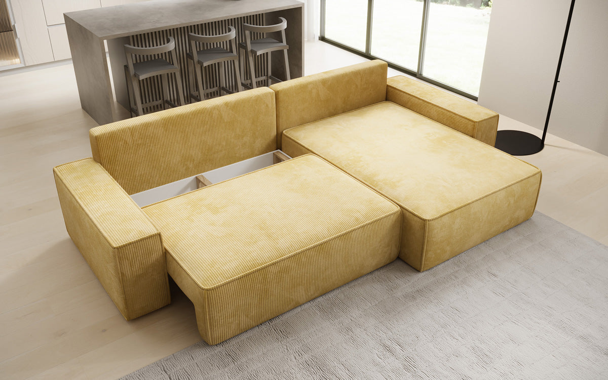Designer corner sofa Lunaro with sleeping and fold-out function in Corduroy