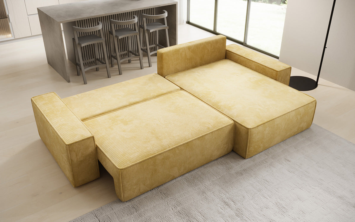 Designer corner sofa Lunaro with sleeping and fold-out function in Corduroy