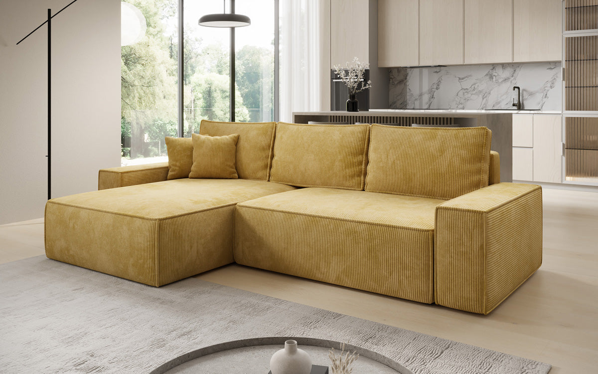 Designer corner sofa Lunaro with sleeping and fold-out function in Corduroy