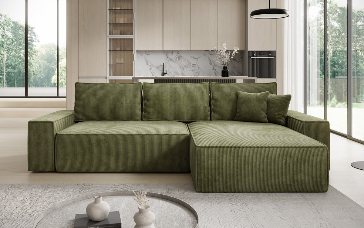 Designer corner sofa Lunaro with sleeping and fold-out function in Corduroy