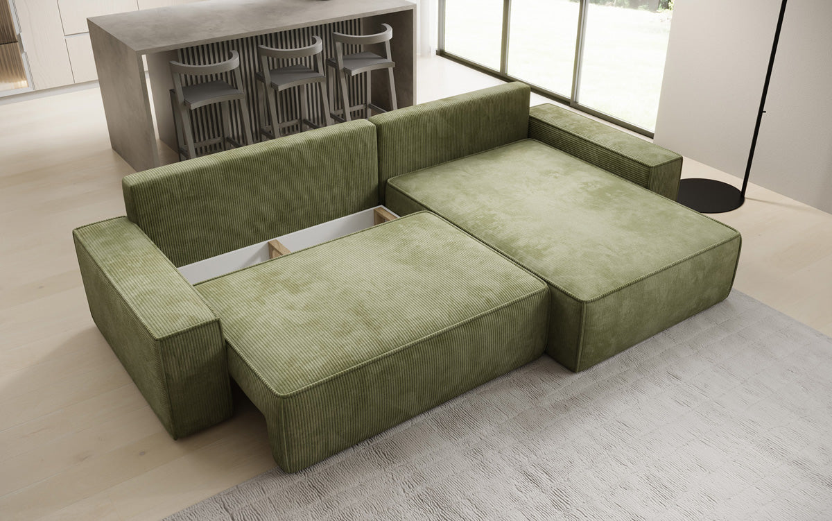 Designer corner sofa Lunaro with sleeping and fold-out function in Corduroy