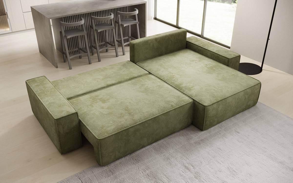 Designer corner sofa Lunaro with sleeping and fold-out function in Corduroy