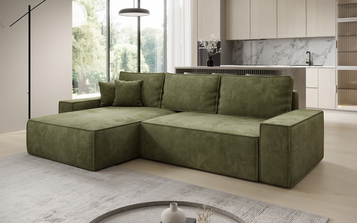 Designer corner sofa Lunaro with sleeping and fold-out function in Corduroy