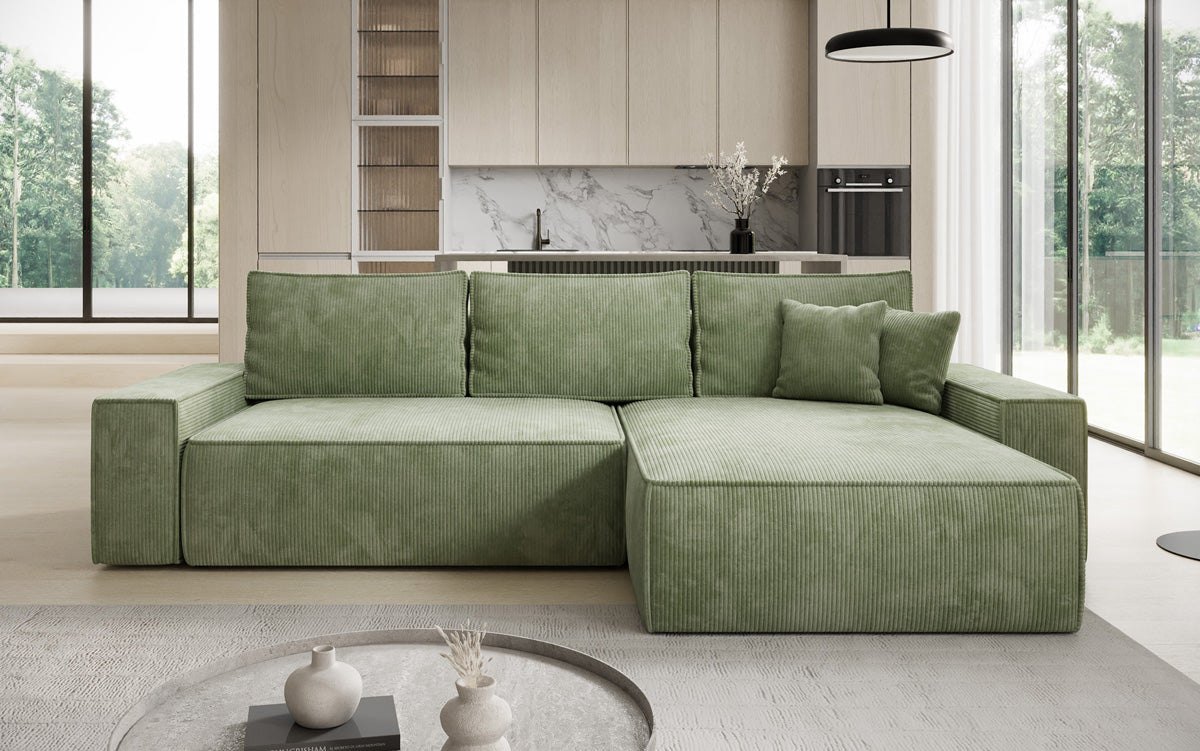 Designer corner sofa Lunaro with sleeping and fold-out function in Corduroy
