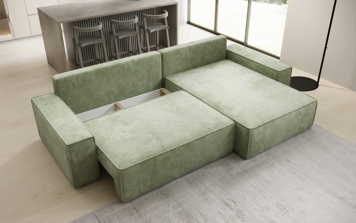 Designer corner sofa Lunaro with sleeping and fold-out function in Corduroy