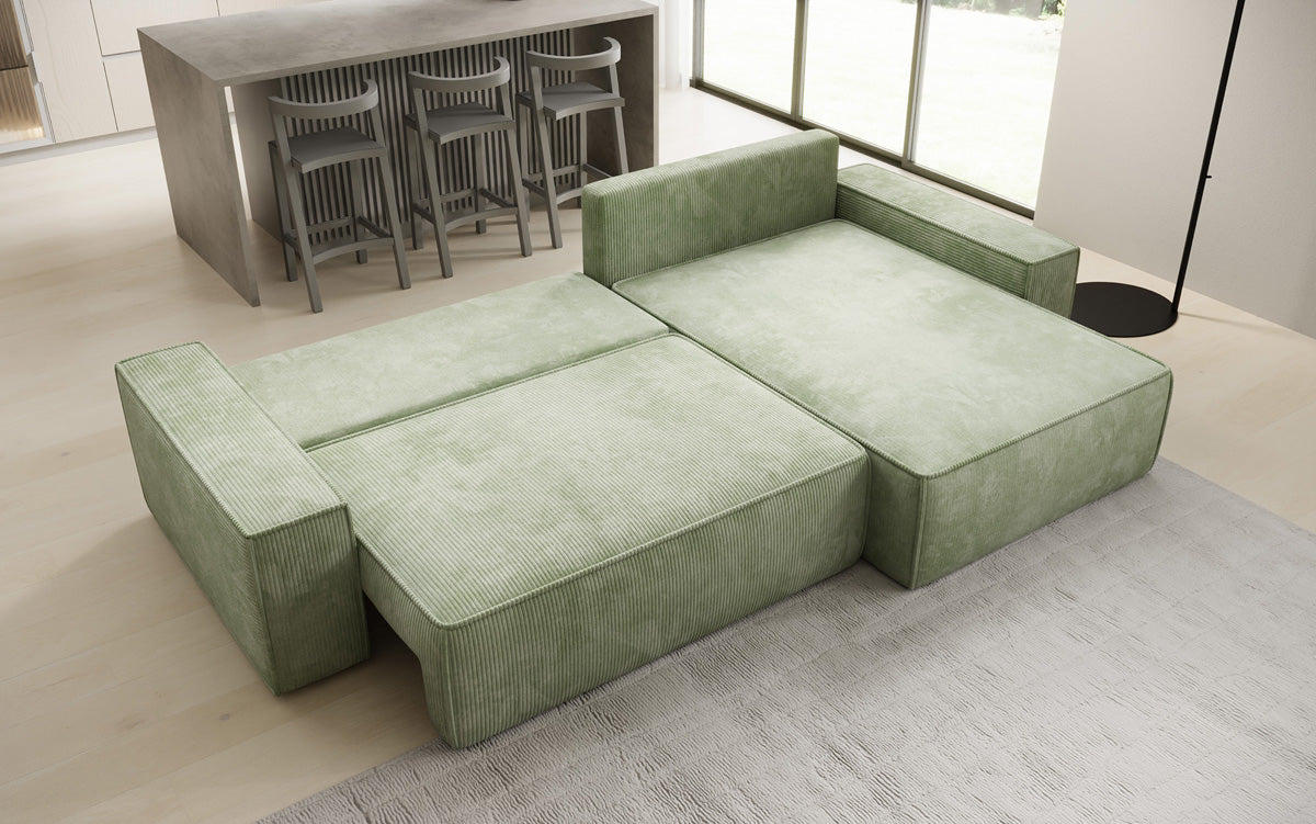 Designer corner sofa Lunaro with sleeping and fold-out function in Corduroy