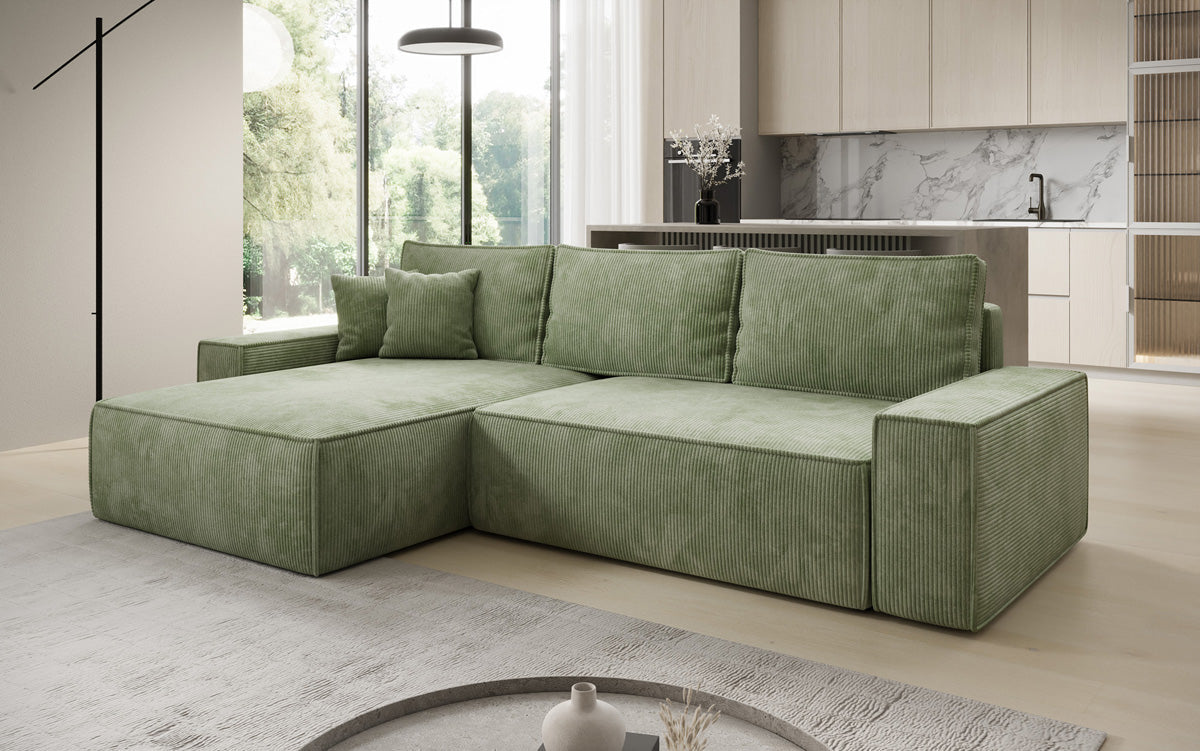 Designer corner sofa Lunaro with sleeping and fold-out function in Corduroy