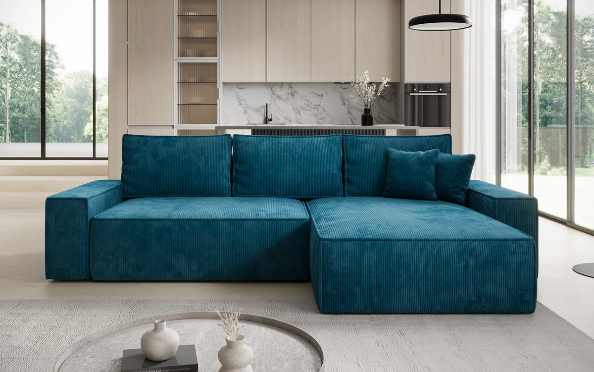 Designer corner sofa Lunaro with sleeping and fold-out function in Corduroy