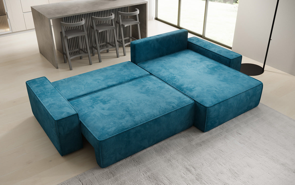 Designer corner sofa Lunaro with sleeping and fold-out function in Corduroy