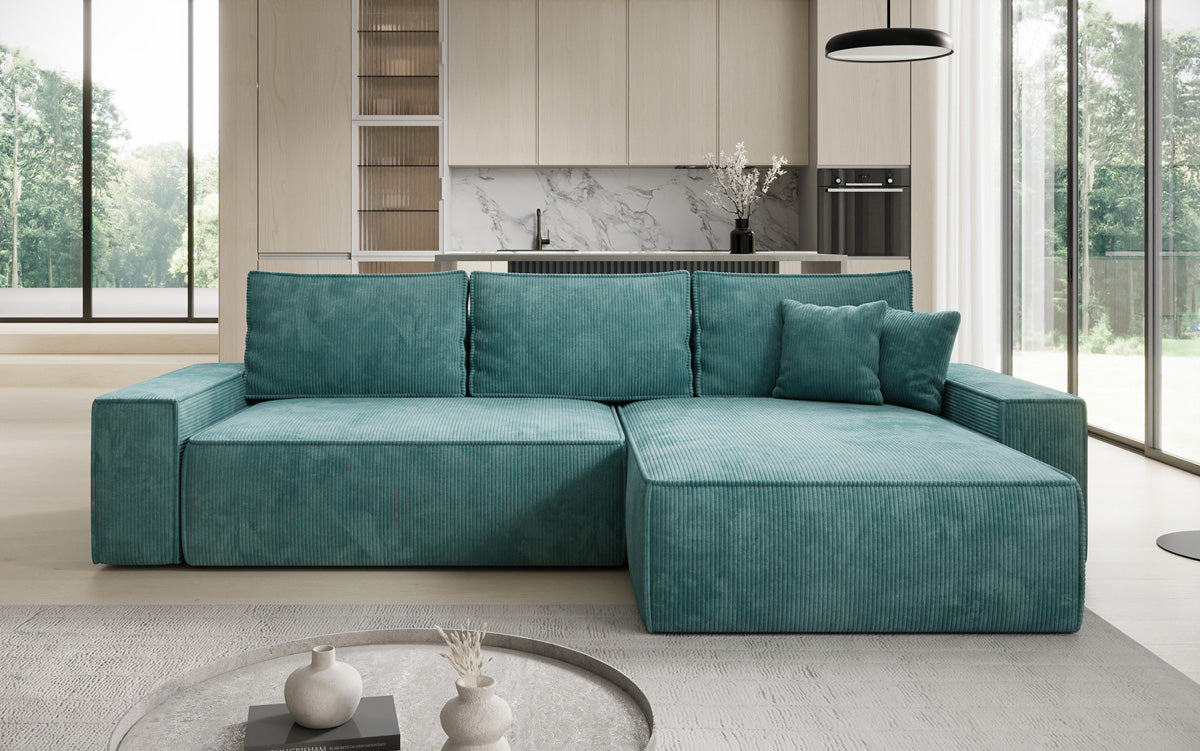 Designer corner sofa Lunaro with sleeping and fold-out function in Corduroy