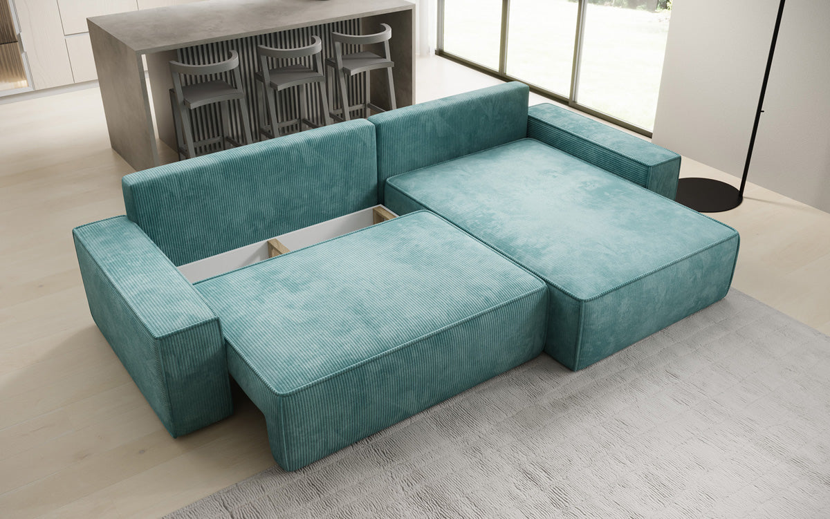 Designer corner sofa Lunaro with sleeping and fold-out function in Corduroy