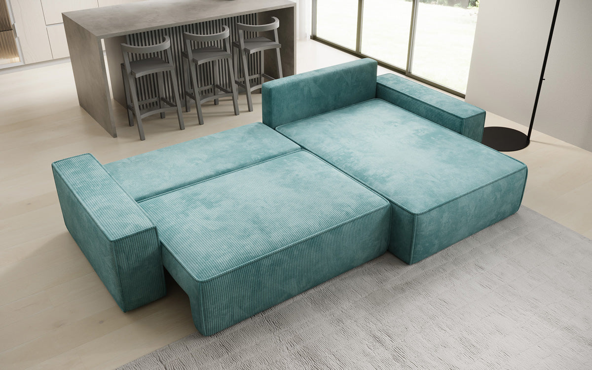 Designer corner sofa Lunaro with sleeping and fold-out function in Corduroy