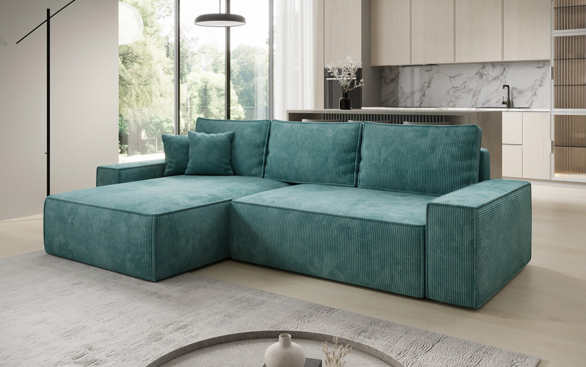 Designer corner sofa Lunaro with sleeping and fold-out function in Corduroy