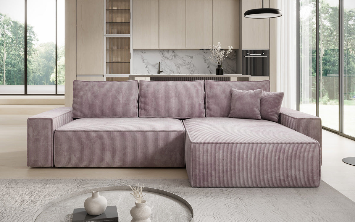 Designer corner sofa Lunaro with sleeping and fold-out function in Corduroy