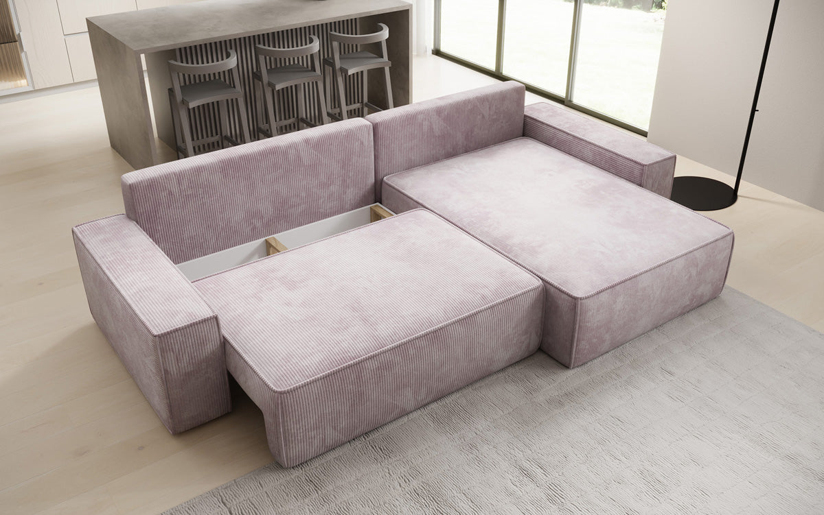 Designer corner sofa Lunaro with sleeping and fold-out function in Corduroy