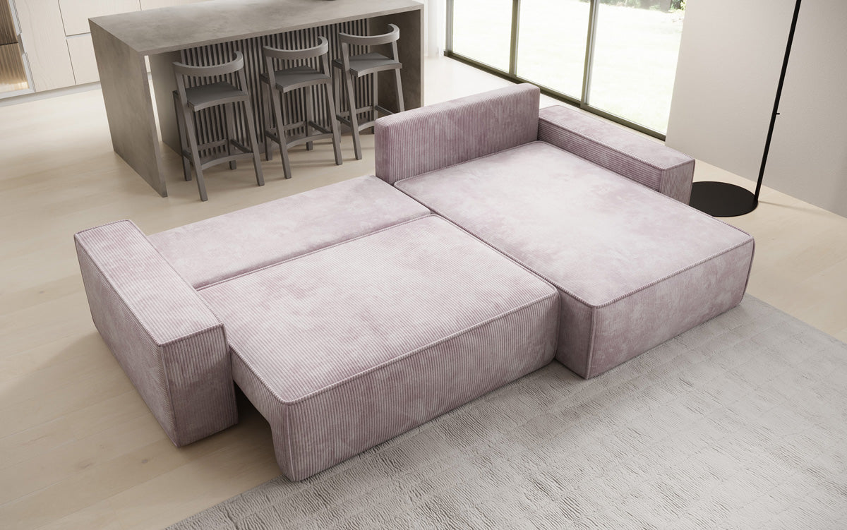 Designer corner sofa Lunaro with sleeping and fold-out function in Corduroy