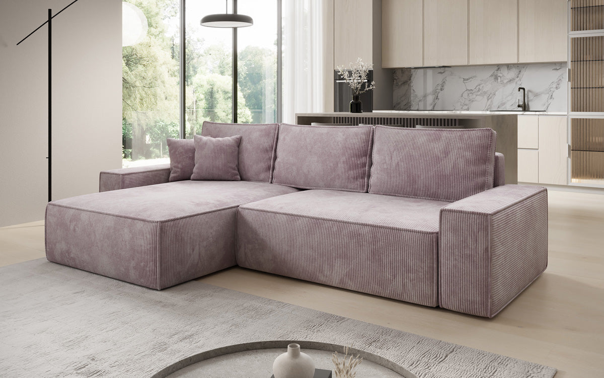 Designer corner sofa Lunaro with sleeping and fold-out function in Corduroy