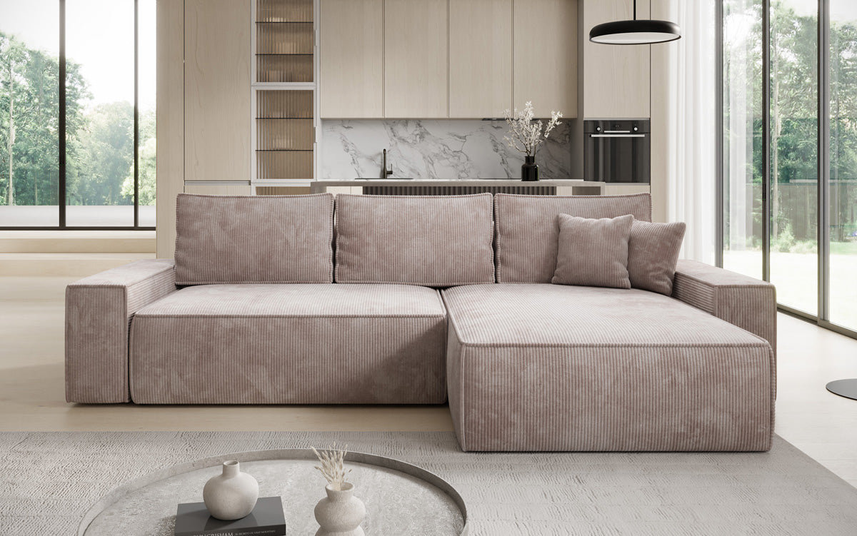 Designer corner sofa Lunaro with sleeping and fold-out function in Corduroy