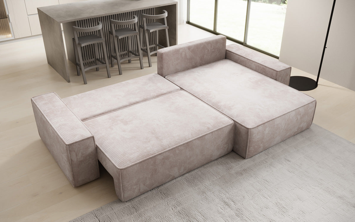 Designer corner sofa Lunaro with sleeping and fold-out function in Corduroy