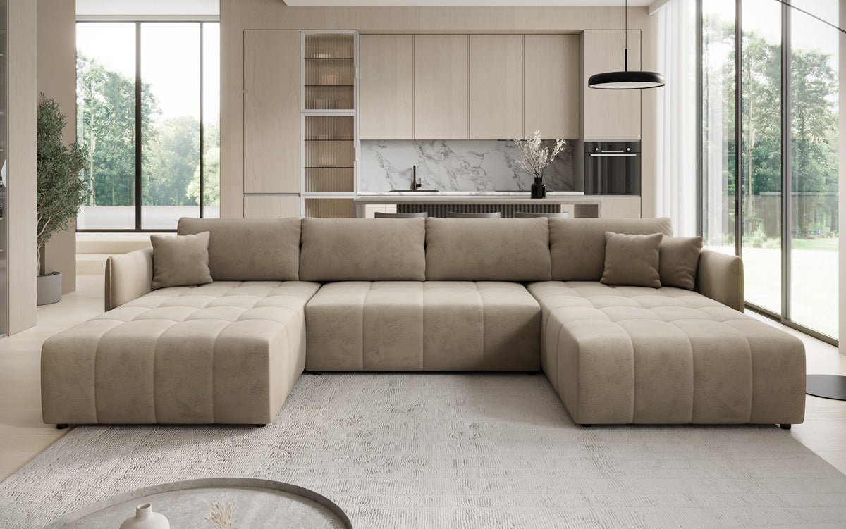 Designer sofa Velaro U with sleeping and folding function in velvet