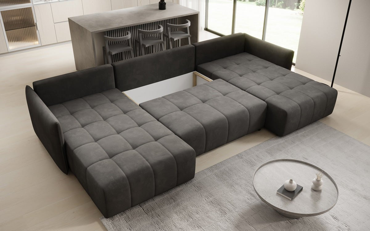 Designer sofa Velaro U with sleeping and folding function in velvet