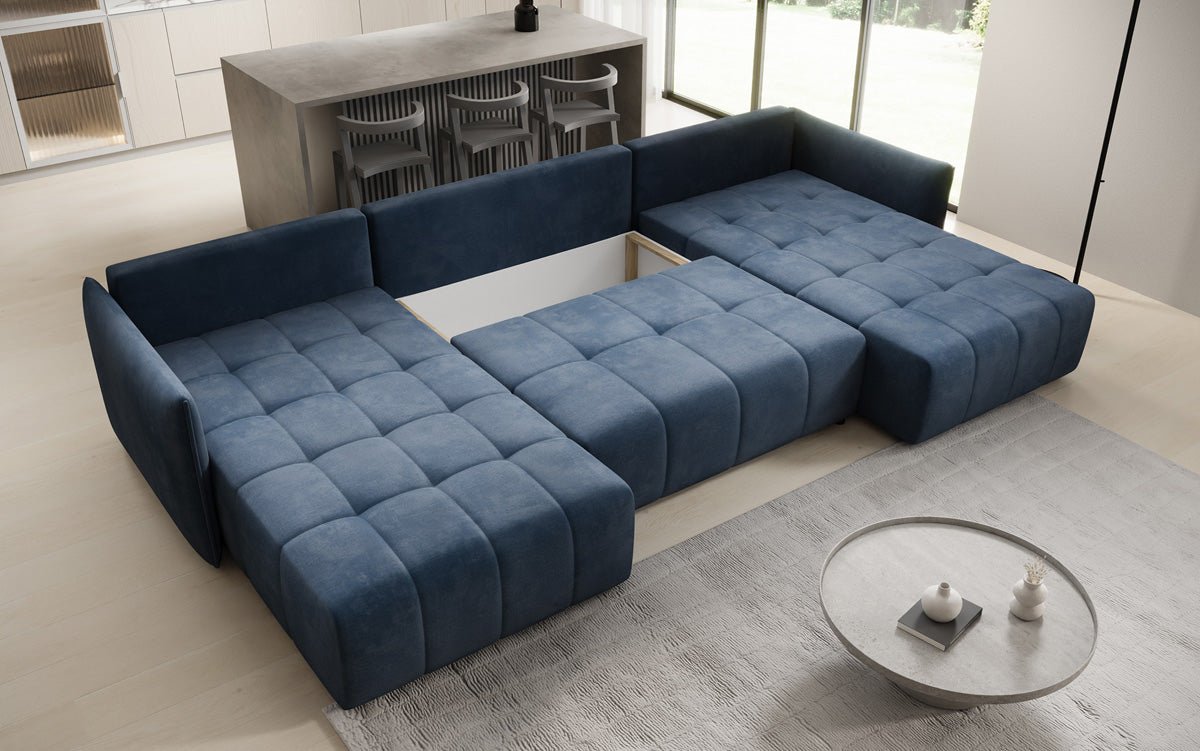 Designer sofa Velaro U with sleeping and folding function in velvet
