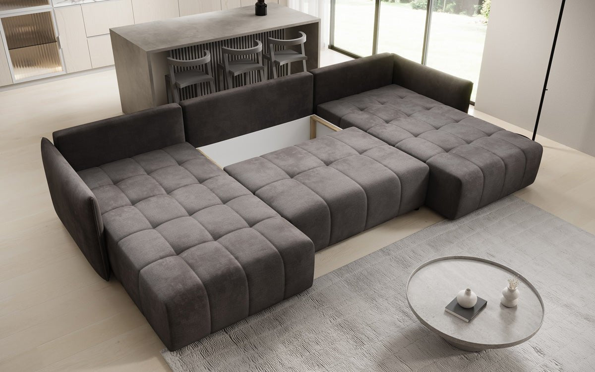Designer sofa Velaro U with sleeping and folding function in velvet