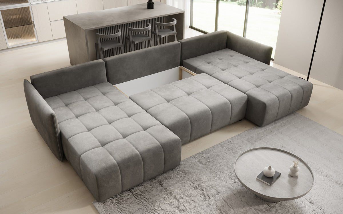 Designer sofa Velaro U with sleeping and folding function in velvet