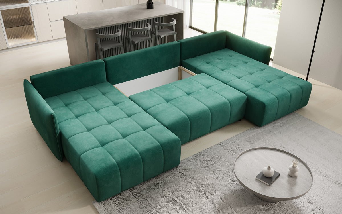 Designer sofa Velaro U with sleeping and folding function in velvet