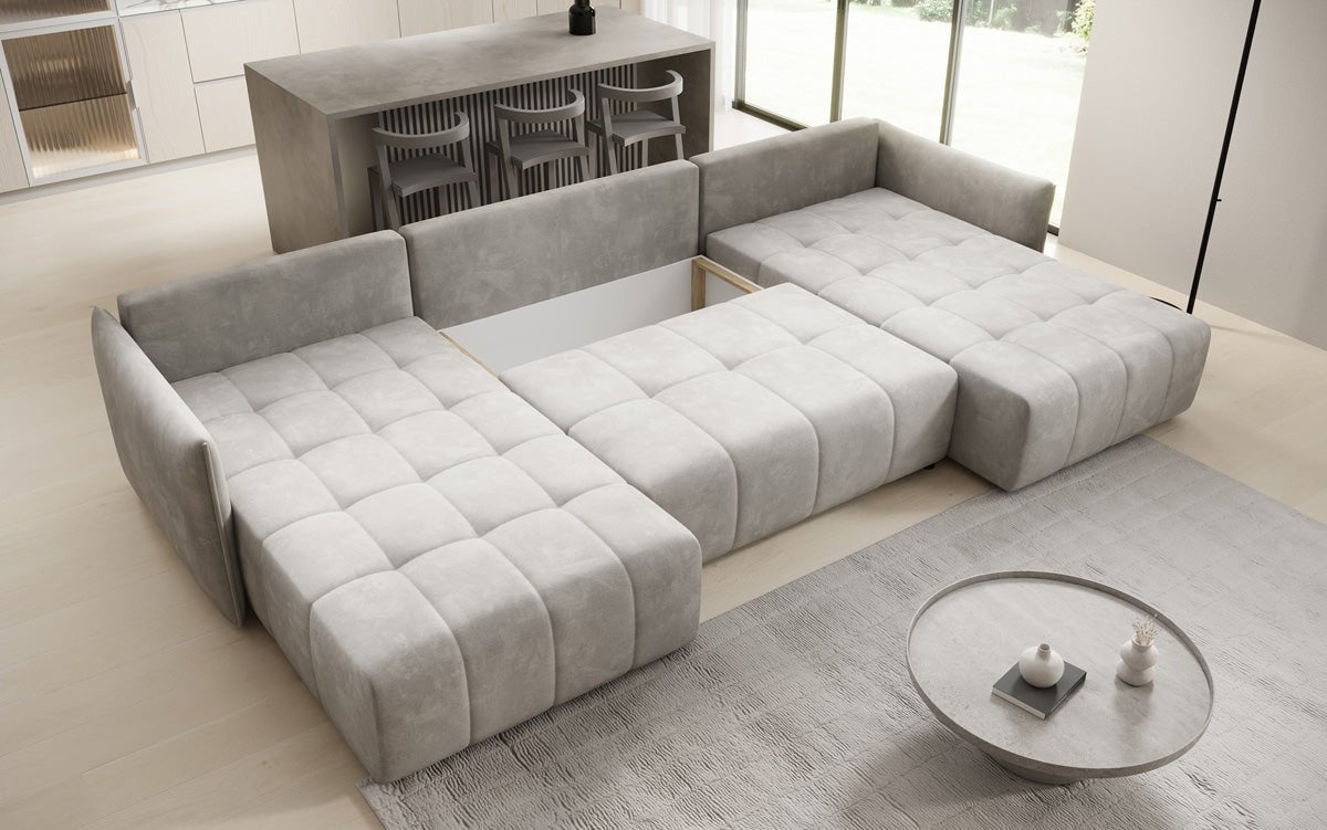 Designer sofa Velaro U with sleeping and folding function in velvet