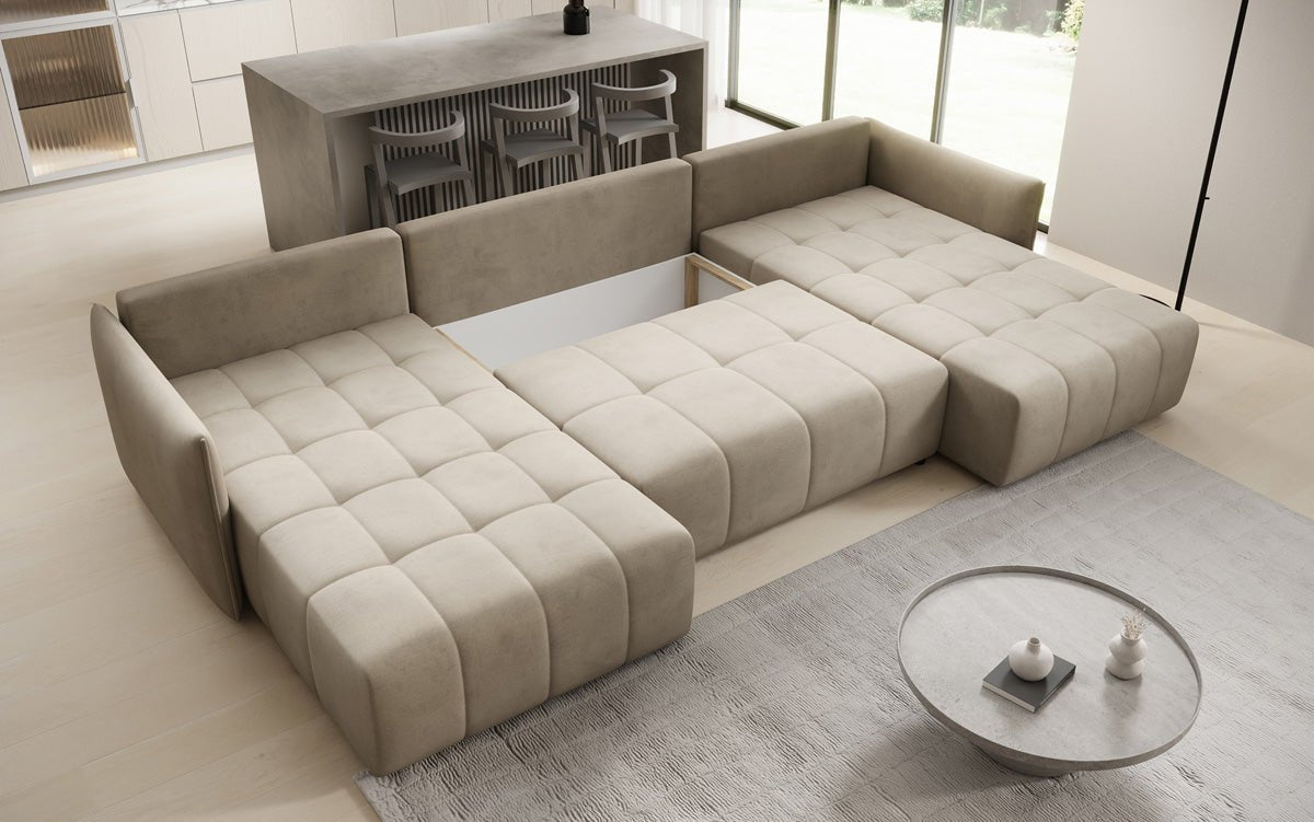 Designer sofa Velaro U with sleeping and folding function in velvet
