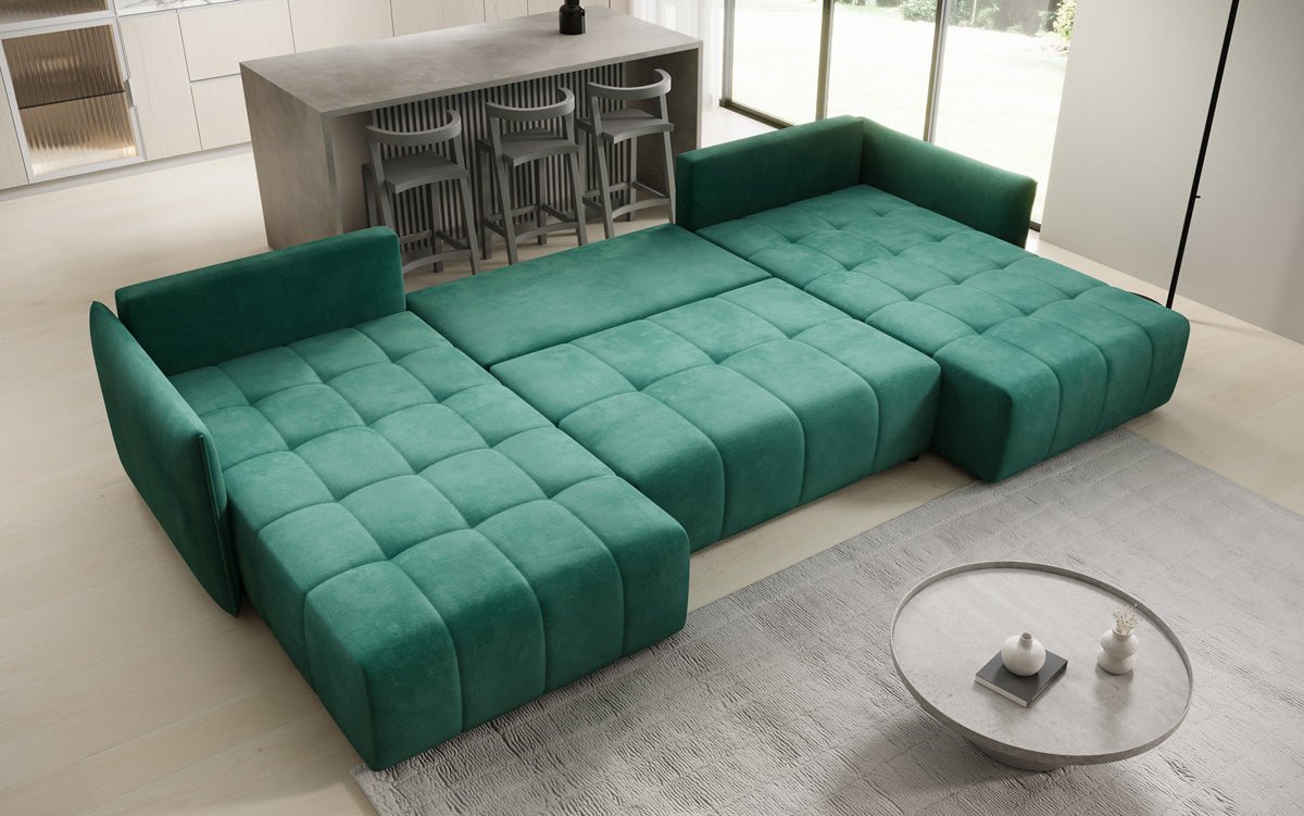 Designer sofa Velaro U with sleeping and folding function in velvet