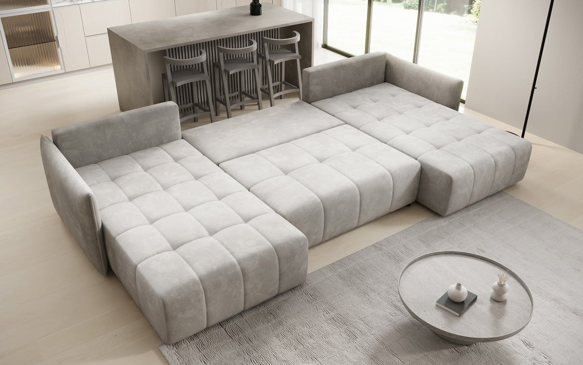 Designer sofa Velaro U with sleeping and folding function in velvet