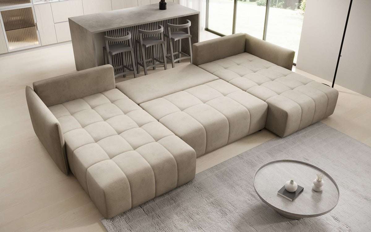 Designer sofa Velaro U with sleeping and folding function in velvet