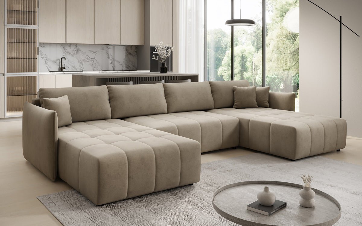 Designer sofa Velaro U with sleeping and folding function in velvet