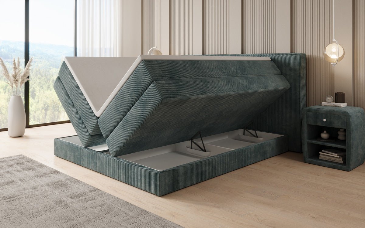 Box spring bed Ophelia with lift-up storage in Corduroy