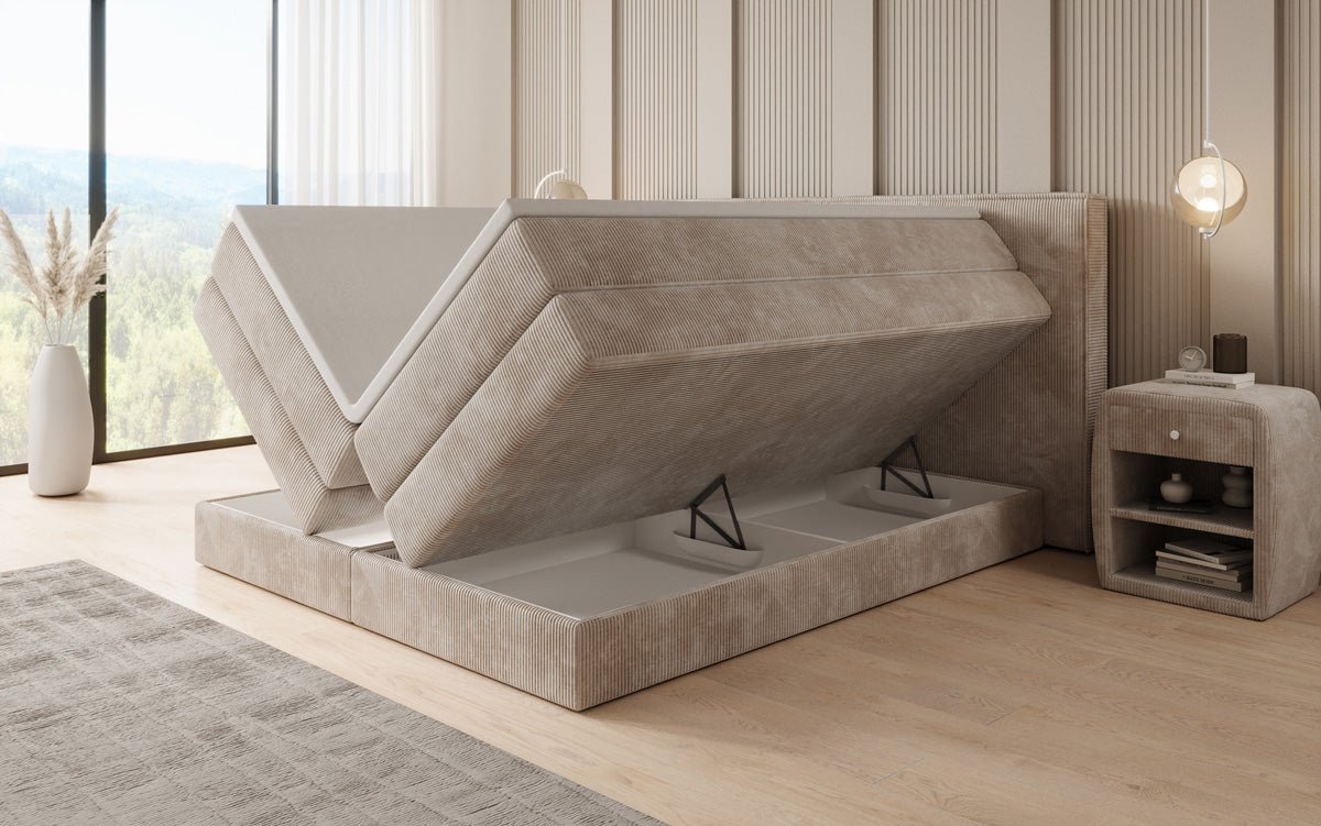 Box spring bed Ophelia with lift-up storage in Corduroy
