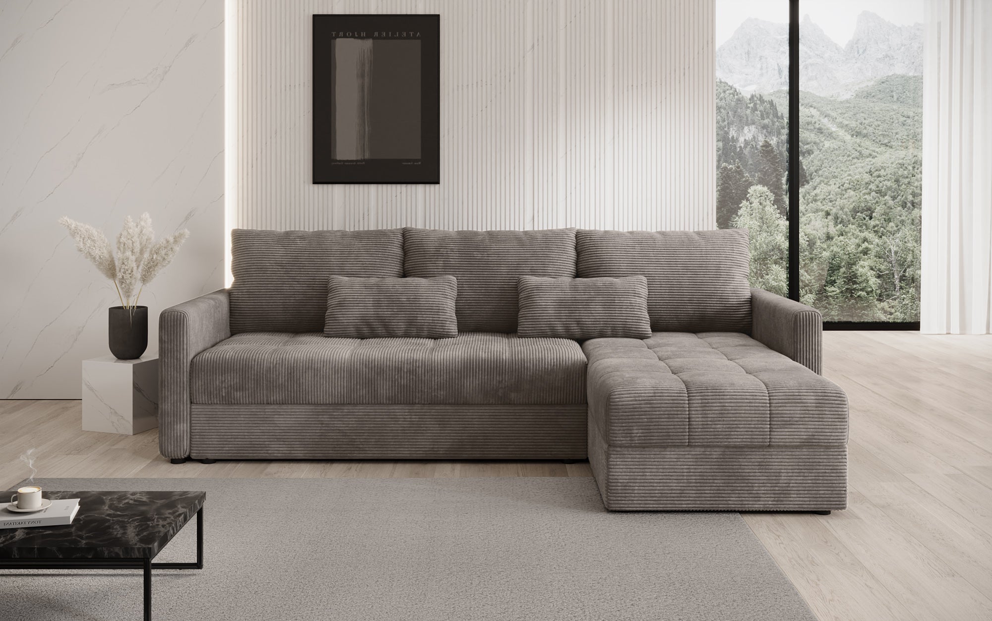 Designer sofa Roma in corduroy with sleeping and folding function
