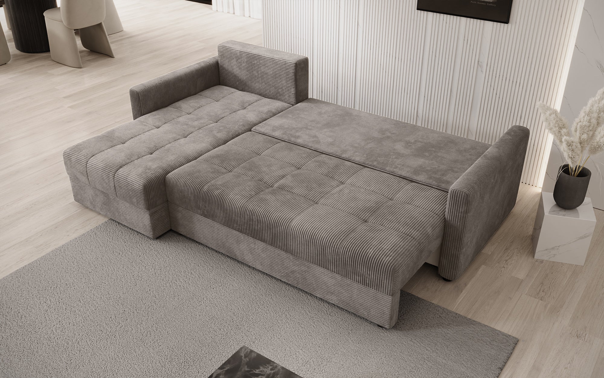 Designer sofa Roma in corduroy with sleeping and folding function