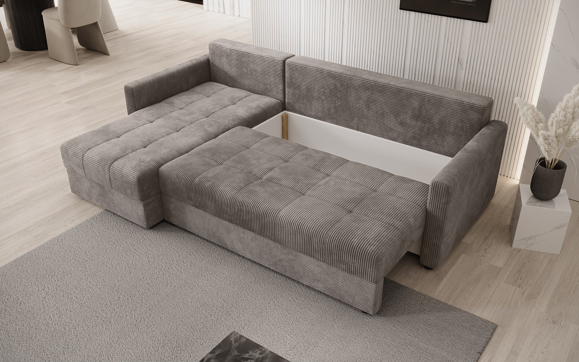 Designer sofa Roma in corduroy with sleeping and folding function