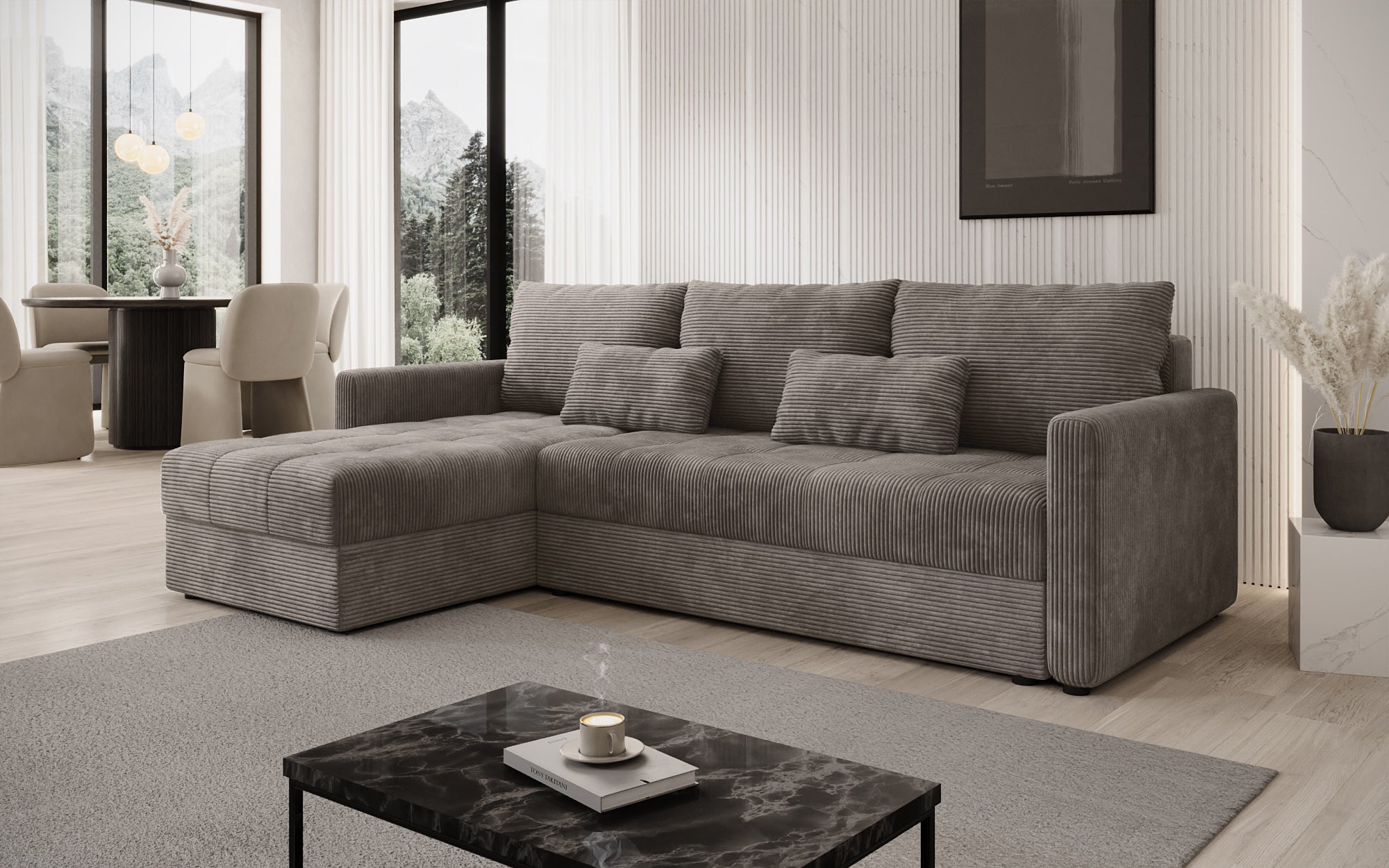 Designer sofa Roma in corduroy with sleeping and folding function