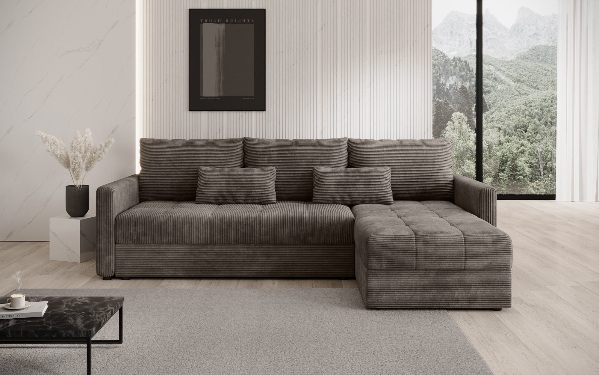 Designer sofa Roma in corduroy with sleeping and folding function