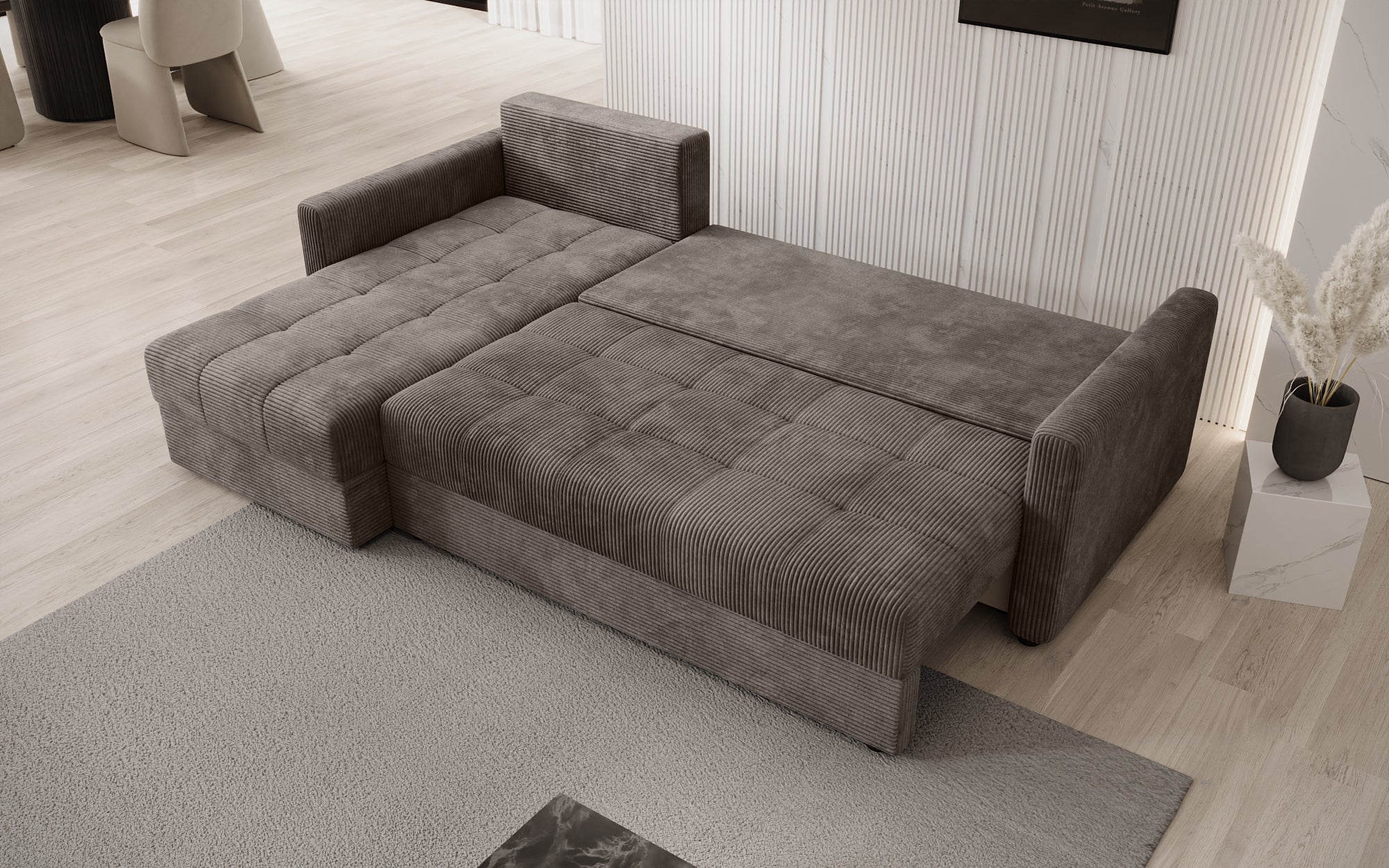Designer sofa Roma in corduroy with sleeping and folding function